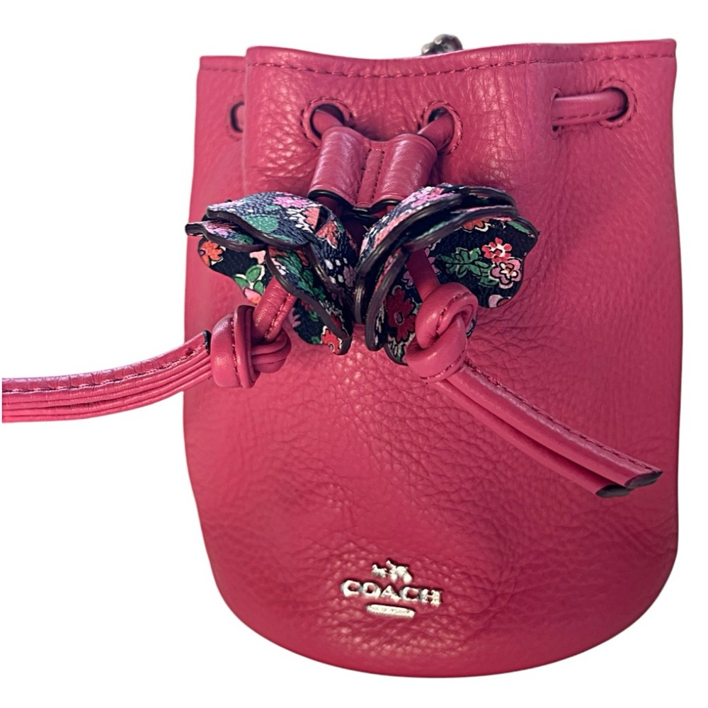 COACH Mini Pink Drawstring Pebbled Leather Petal Floral Bucket Wristlet - Picture 3 of 15